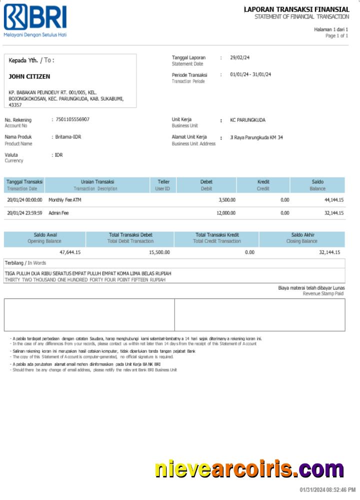 Indonesia Bank BRI statement Word and PDF example